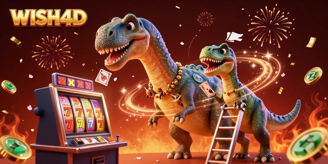 WISH4D enhances gaming thrills with a giant brontosaurus at a bustling slot machine.