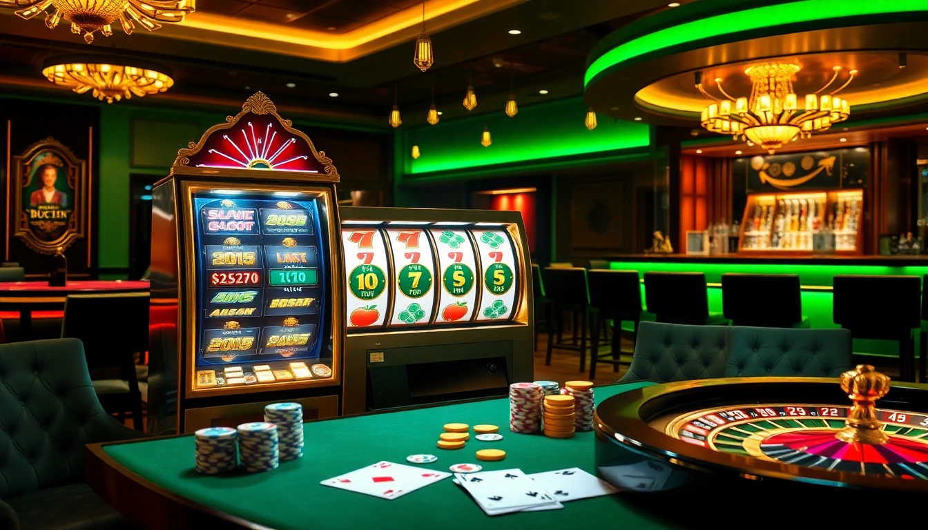 Experience the thrill of situs slot gacor as coins fall from a vibrant slot machine in a luxurious casino setting.