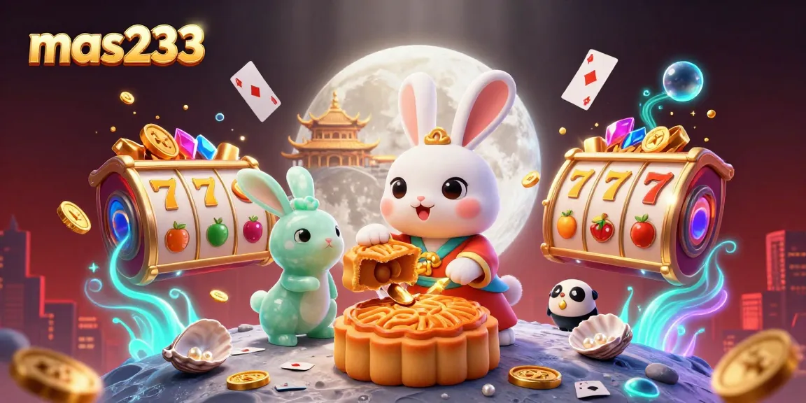 Gambar ilustrasi kasino mas233 yang menampilkan kelinci bulan dan simbol permainan di latar belakang menawan.