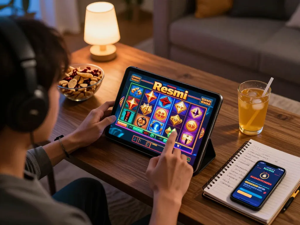 Engaging player immersed in Slot Resmi game on tablet, cozy home environment with snacks and strategies