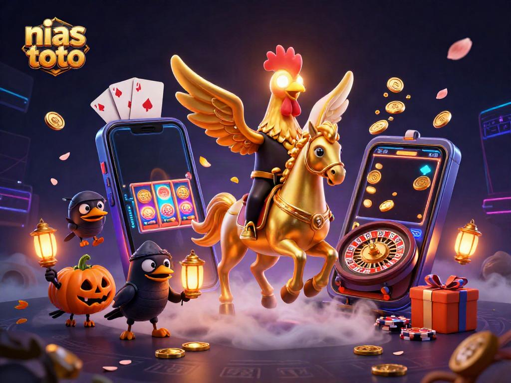 Ilustrasi kasino malam menampilkan nias toto dengan elemen slot yang berkilauan.