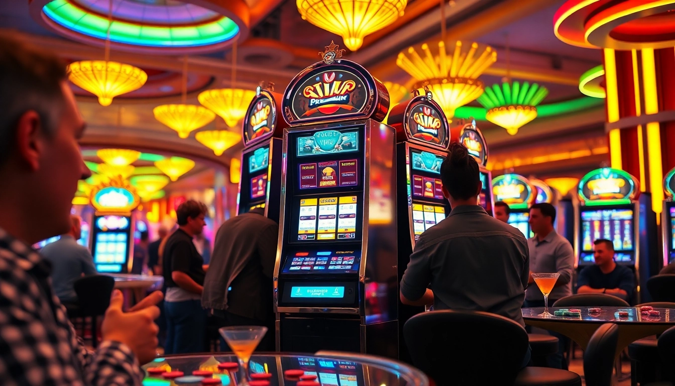 Slot yang menarik dengan pemain bersemangat di kasino yang hidup.