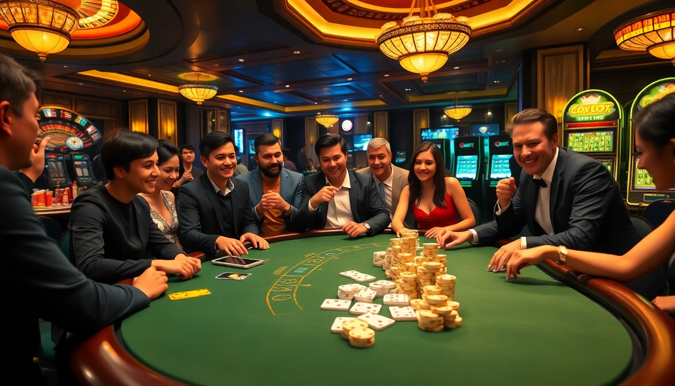Engaged players enjoying poker online at a luxurious casino table, surrounded by chips and cards.