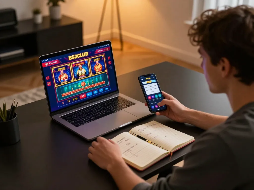 B52club user strategizing bets on a laptop while engaging with the casino app, showcasing an exciting online gaming experience.