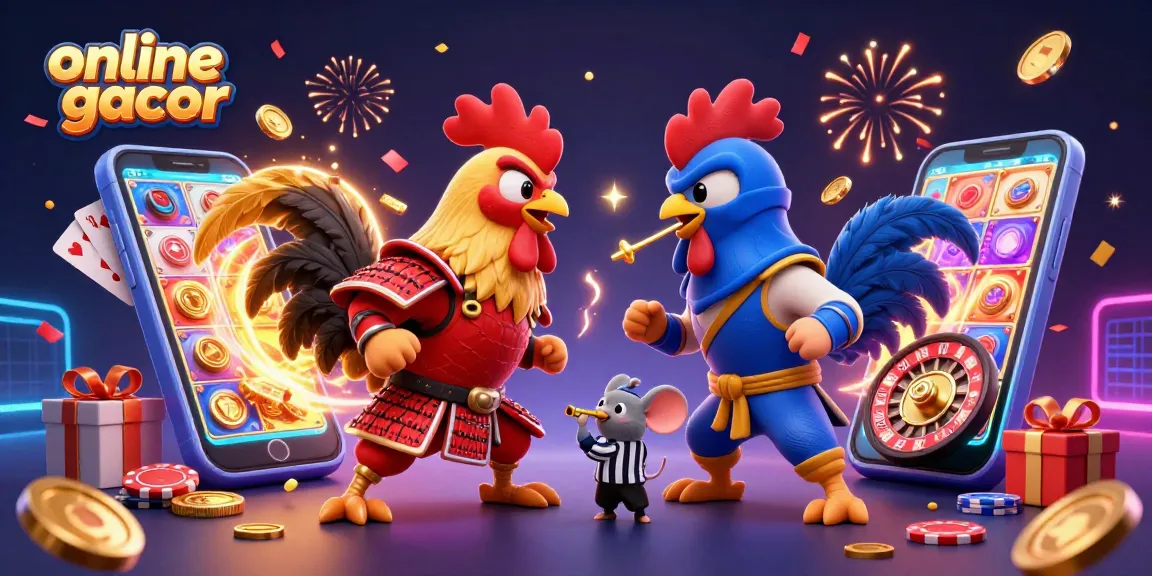 Experience online gacor thrills with dynamic fighting roosters amidst a casino extravaganza.