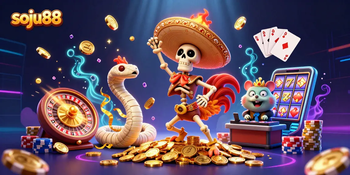 Engage with soju88's vibrant casino scene featuring lucky slot reels and golden coins.