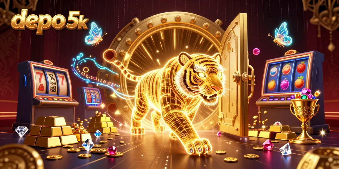 Engage in exhilarating gaming with depo 5k, featuring a dynamic 3D illustration of vibrant casino elements.