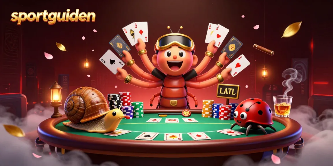 Permainan di sportguiden: dealer kartun menang dengan kombinasi menarik di meja poker.