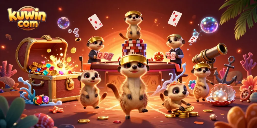 Experience the excitement of kuwin com's casino with cartoon meerkats engaging in thrilling gaming activities.