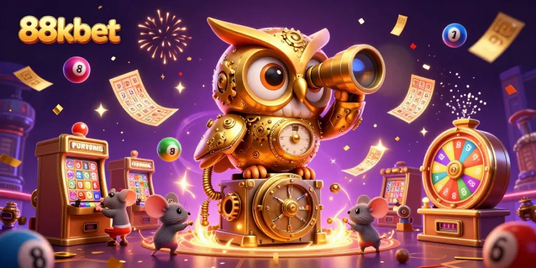 Experience the thrilling joy at 88kbet with colorful lottery elements in a vibrant casino scene.