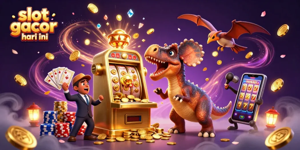 Slot gacor hari ini menampilkan dinosaur berbenturan dengan mesin slot emas dalam suasana kasino yang ramai.