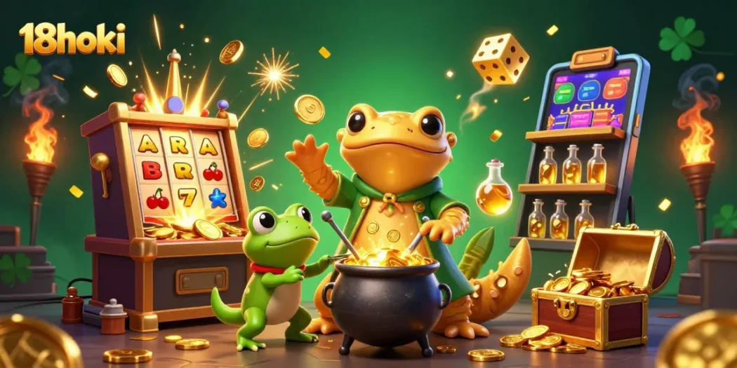 Spin to win at 18hoki's vibrant slots scene with golden themes and casino elements.