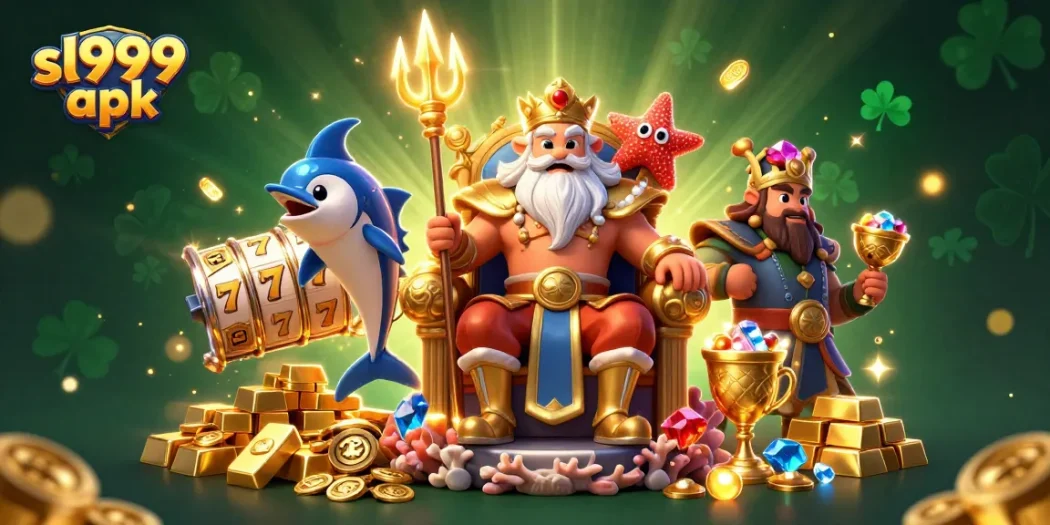 Experience the thrill of sl999 apk gaming with slot reels and treasure, illustrated in vibrant detail.