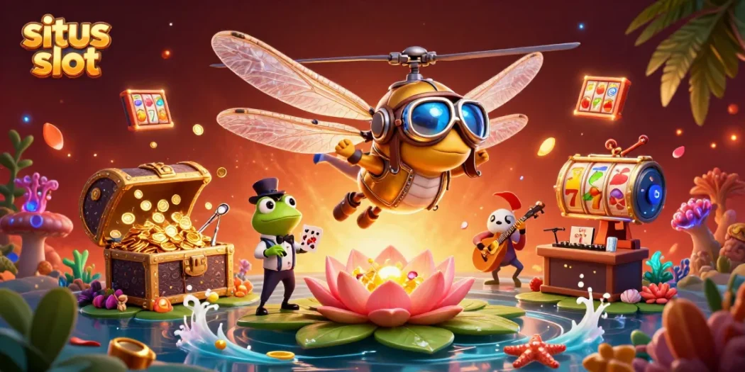 Experience the excitement of situs slot with vibrant characters and dynamic casino elements in a 3D scene.