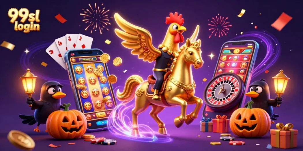 Experience the thrill with 99sl login featuring a golden rooster in a vibrant casino scene.