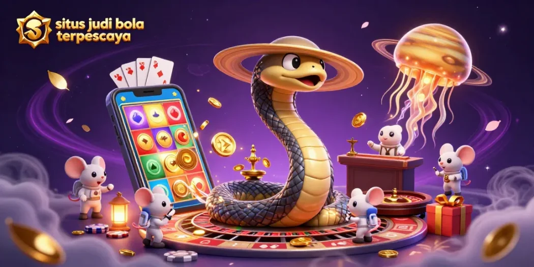 Engage with situs judi bola terpercaya as astronaut mice bet on a cosmic roulette wheel amidst vibrant gambling elements.