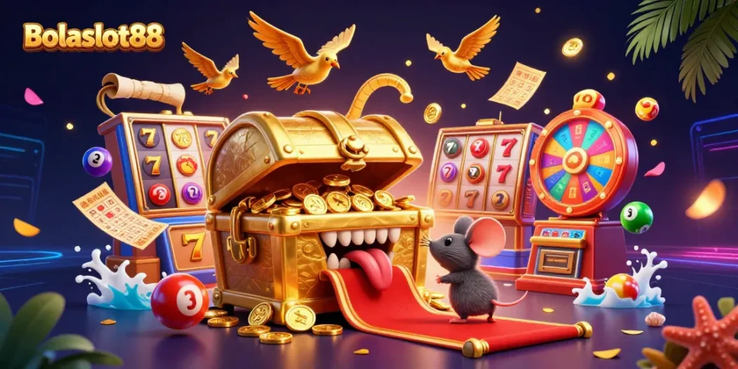 Bolaslot88 provides an exciting visualization of slots with a treasure chest, numbered balls, and vibrant game elements.
