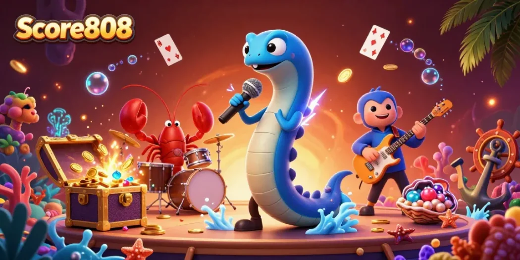 Score808 captures thrilling underwater casino vibes with vibrant characters and dynamic gambling elements.