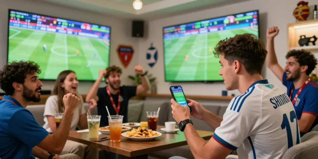 A sports fan engaging in link bola betting during the World Cup 2026, surrounded by friends in a lively lounge.