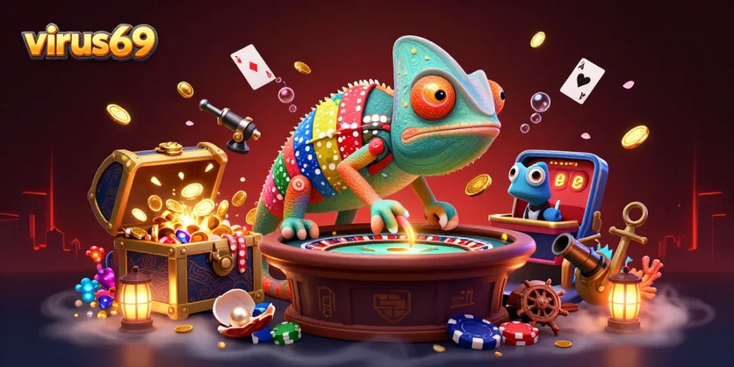 Experience action at virus69 with an engaging casino scene featuring a dynamic chameleon, treasure, and more.