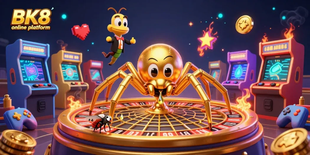 Engage with the BK8 online platform's thrilling atmosphere showcasing colorful characters and dynamic gambling elements.
