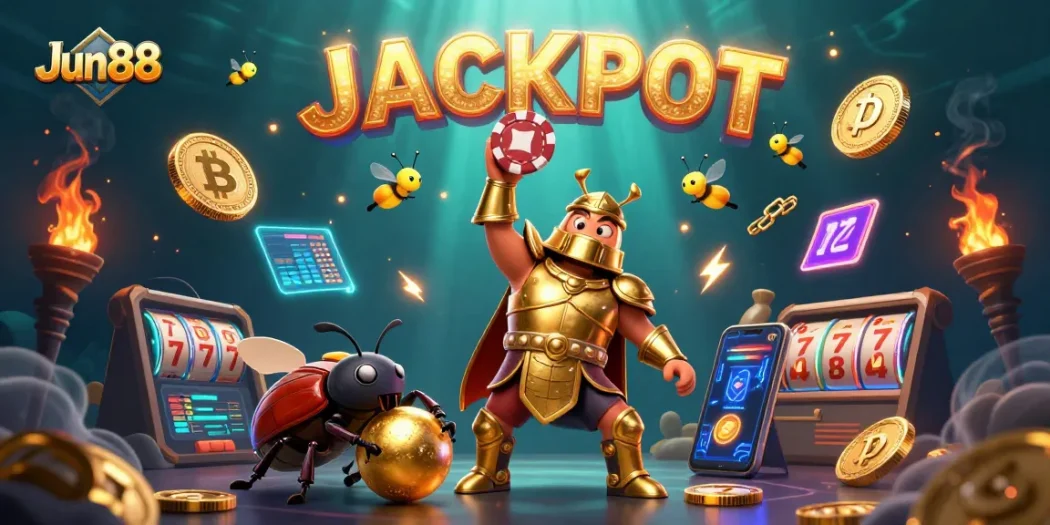 Jun88 players celebrate a jackpot with a 3D beetle character lifting a poker chip amidst vibrant casino elements.